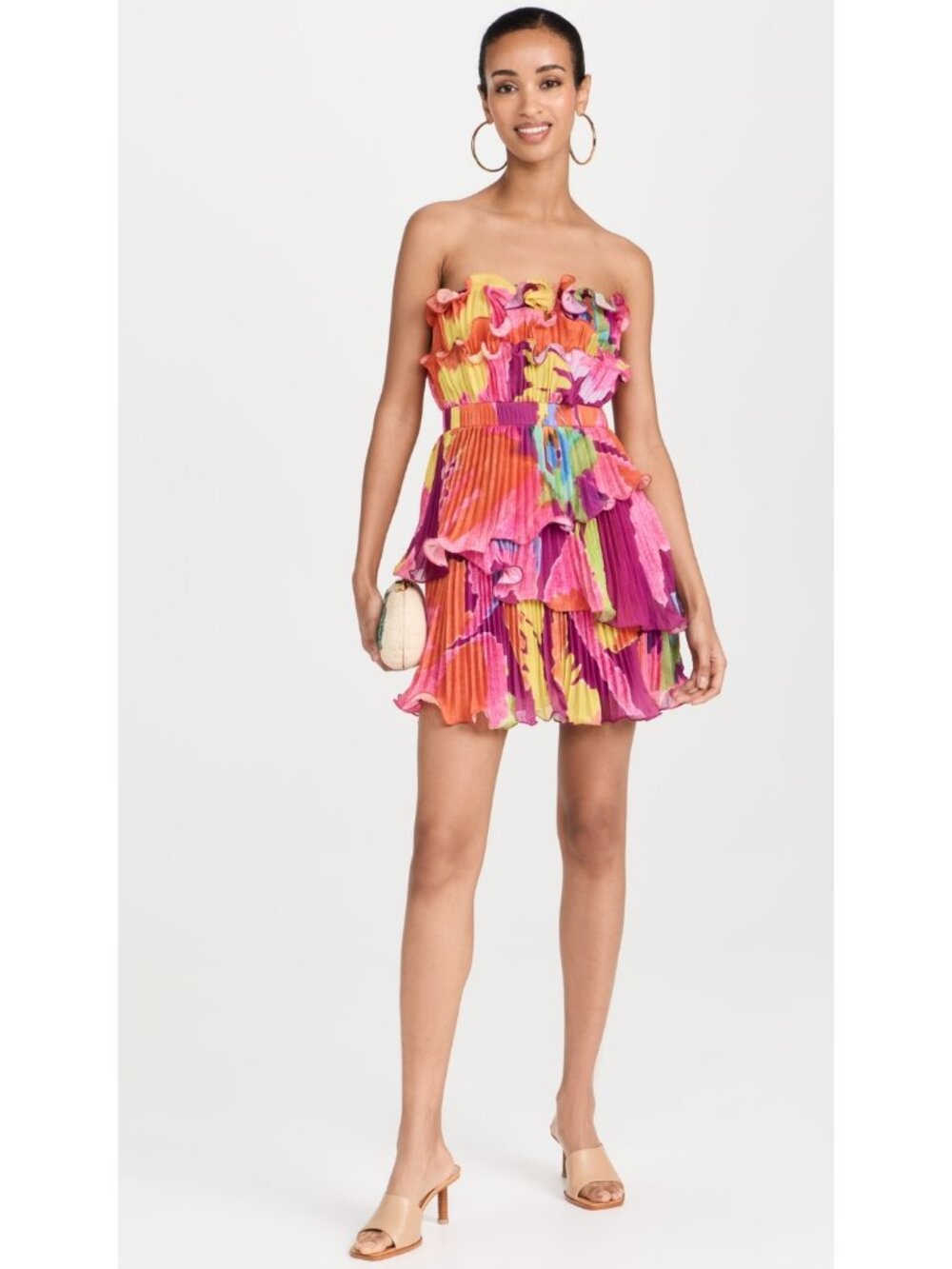 AMUR Massie Strapless Mini Dress Size 4 Purple Floral Pleated Ruffle A-Line - Picture 4 of 14